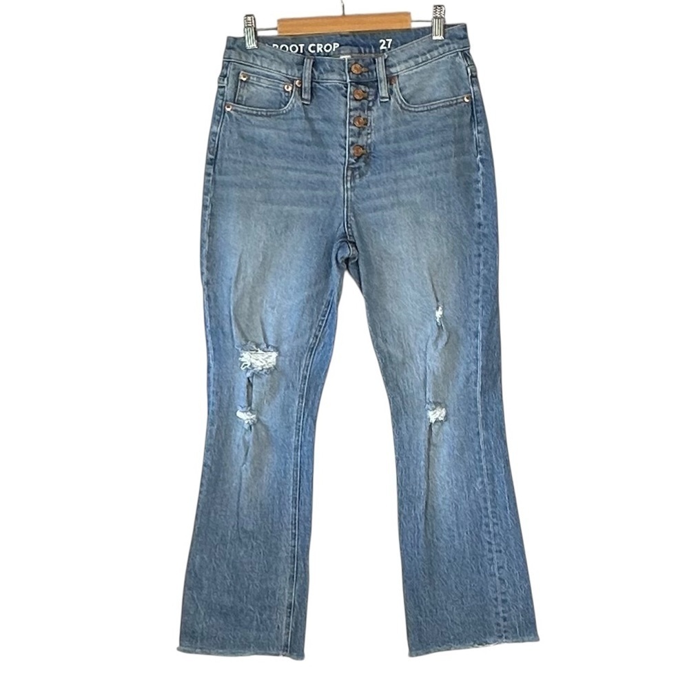J Crew Demi Boot Crop High Rise Jeans Button Fly Distressed Light Wash - 27